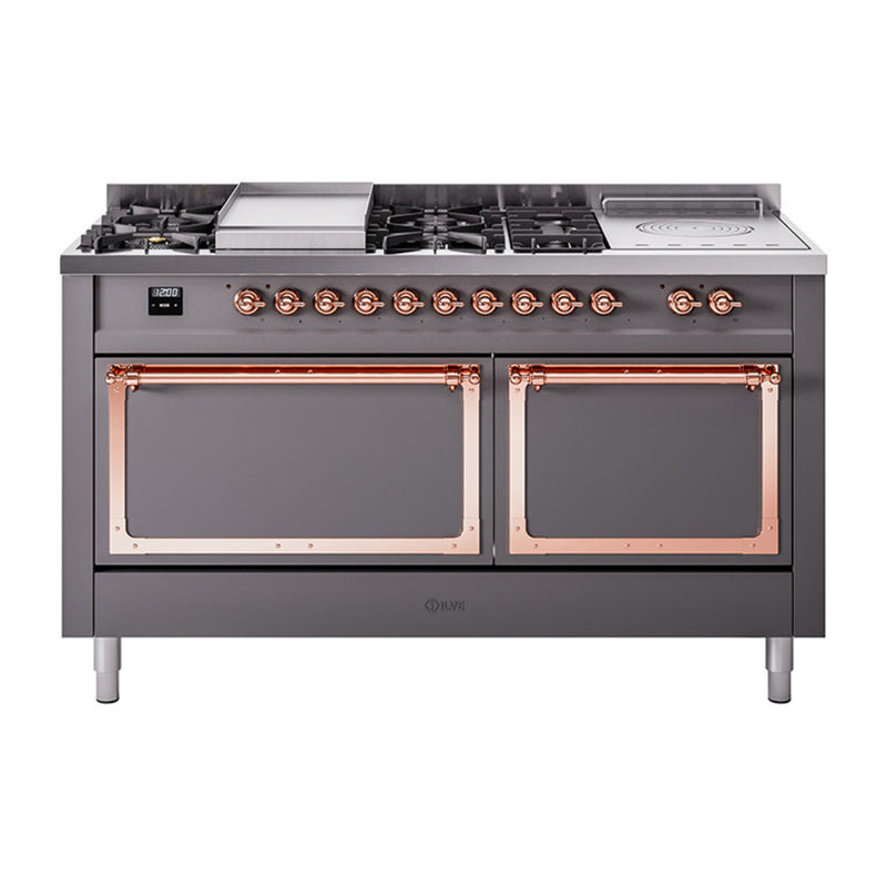 ILVE Nostalgie II Noblesse 60" Dual Fuel Freestanding Range with 7 Sealed Burners + Griddle + French Top with Solid Door - UN60FSQNMP