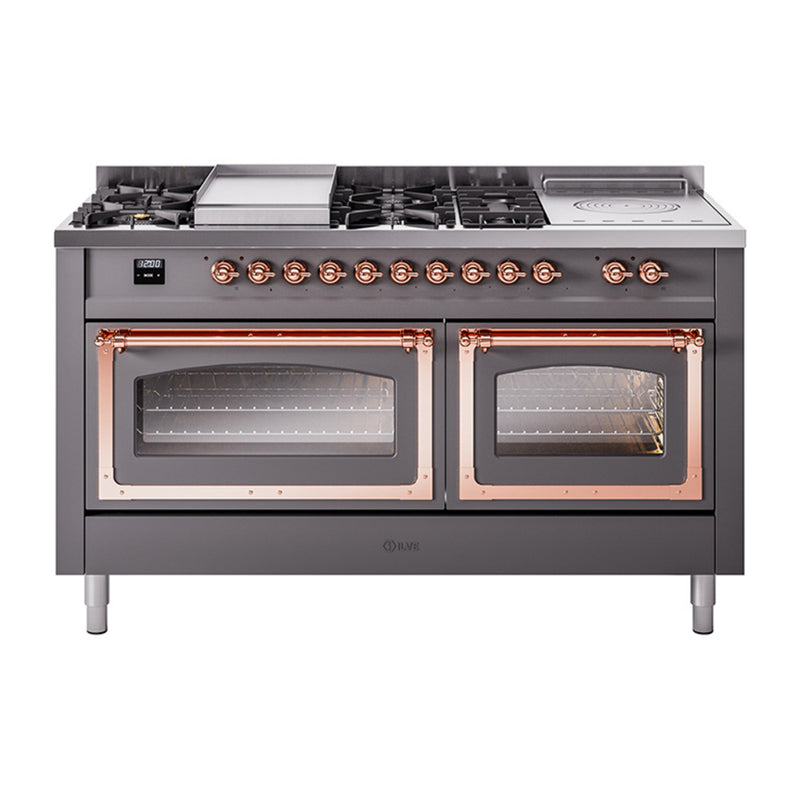 ILVE Nostalgie II Noblesse 60" Dual Fuel Range with 7 Sealed Burners + Griddle + French Top with Triple Glass Door - UN60FSNMP