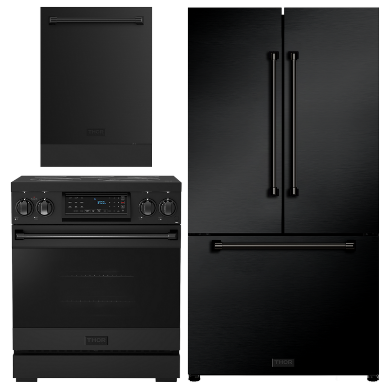 Gordon Ramsay by THOR Kitchen Package - 30" Electric Range, 36" Refrigerator with Ice Maker and Dishwasher in Black Matte with Navy Blue Accents, AP-RSE30B-2