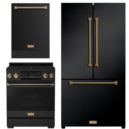 Gordon Ramsay by THOR Kitchen Package - 30" Gas Range, 36" Refrigerator with Ice Maker and Dishwasher in Stainless Steel with Black Accents, AP-RSG30B-2