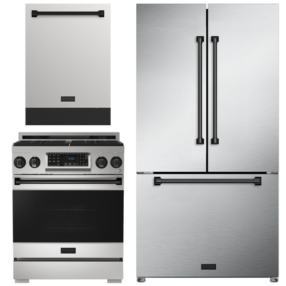 Gordon Ramsay by THOR Kitchen Package - 30" Gas Range, 36" Refrigerator with Ice Maker and Dishwasher in Stainless Steel with Black Accents, AP-RSG30-2