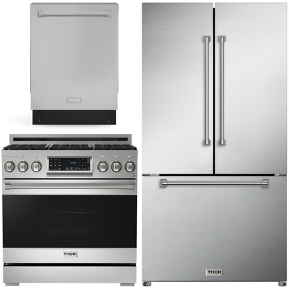 Gordon Ramsay by THOR Kitchen Package - 36" Gas Range, 36" Refrigerator with Ice Maker and Dishwasher in Stainless Steel, AP-RSG36-2