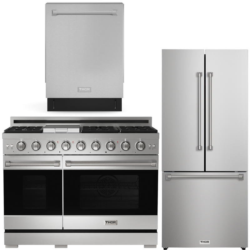 Gordon Ramsay by THOR Kitchen Package - 48" Gas Range, 30" Refrigerator with Ice Maker and Dishwasher in Stainless Steel, AP-RSG48E-1