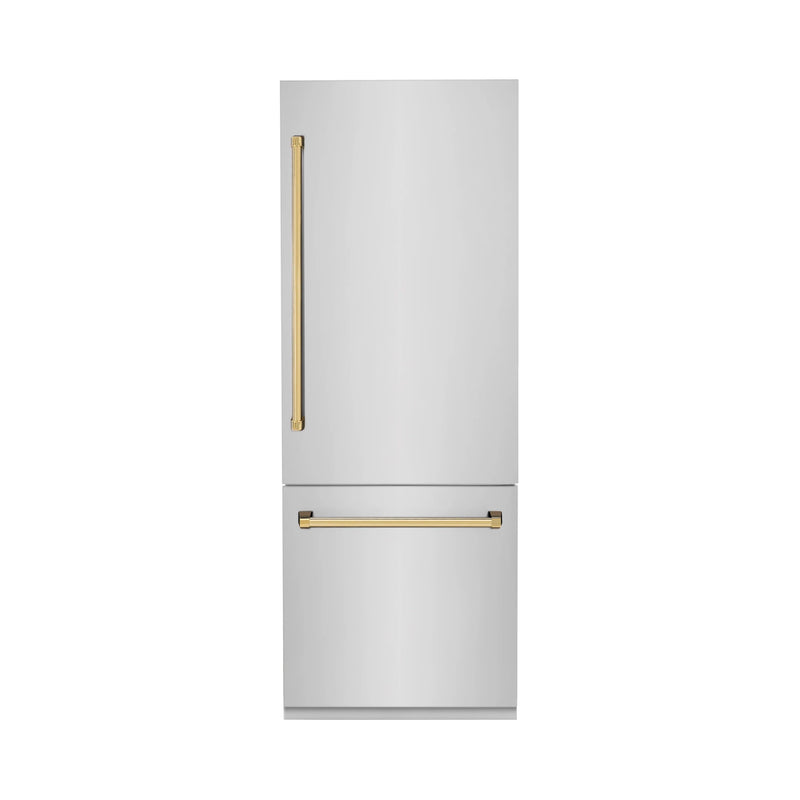 ZLINE 30-Inch Autograph Edition 16.1 cu. ft. Built-in 2-Door Bottom Freezer Refrigerator with Internal Water and Ice Dispenser in Stainless Steel with Gold Accents (RBIVZ-304-30-G)