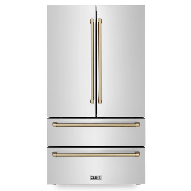 ZLINE Autograph Edition 4-Piece Appliance Package - 36-Inch Dual Fuel Range, Refrigerator, Wall Mounted Range Hood, and 24-Inch Tall Tub Dishwasher in Stainless Steel with Champagne Bronze Trim (4KAPR-RARHDWM36-CB)