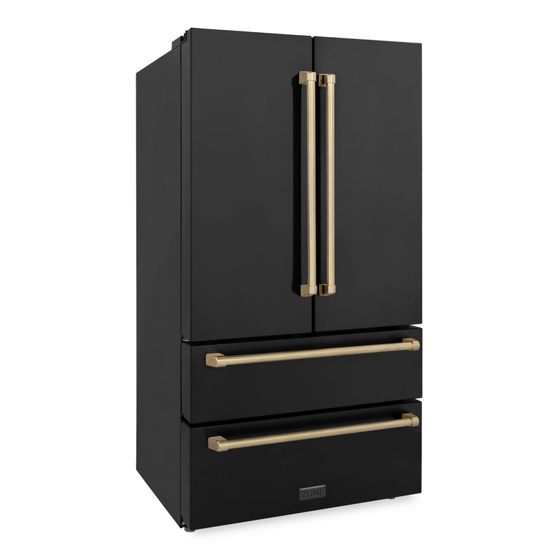 ZLINE Autograph Edition 4-Piece Appliance Package - 36-Inch Dual Fuel Range, Refrigerator, Wall Mounted Range Hood, and 24-Inch Tall Tub Dishwasher in Black Stainless Steel with Champagne Bronze Trim (4AKPR-RABRHDWV36-CB)