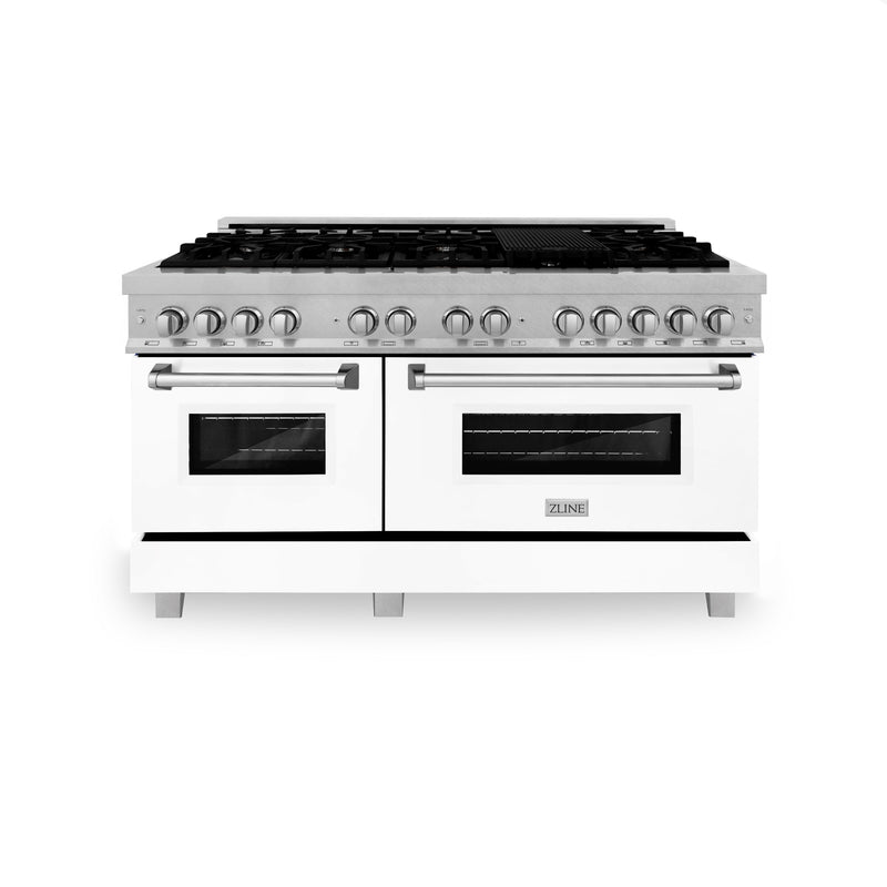 ZLINE 60-Inch Dual Fuel Range with 7.4 cu. ft. Electric Oven and Gas Cooktop and Griddle and White Matte Door in Fingerprint Resistant Stainless (RAS-WM-GR-60)