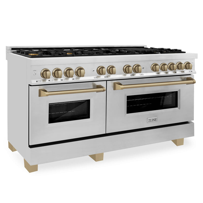 ZLINE Autograph Edition 60-Inch Dual Fuel Range with Gas Stove and Electric Oven in Stainless Steel with Champagne Bronze Accents (RAZ-60-CB)