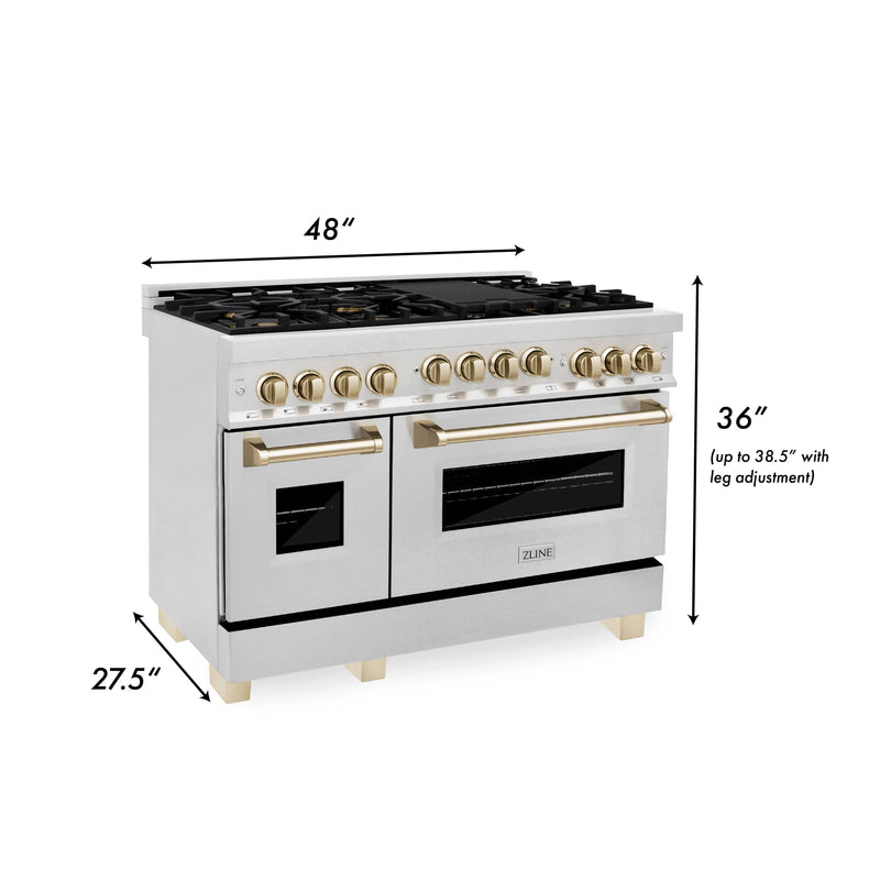 ZLINE Autograph Edition 2-Piece Appliance Package - 48-Inch Gas Range & Wall Mounted Range Hood in DuraSnow® Stainless Steel with Gold Trim (2AKPR-RGSRH48-G)