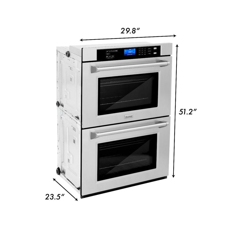 ZLINE 4-Piece Appliance Package - 48-Inch Rangetop, 30” Double Wall Oven, 36” Refrigerator with Water Dispenser, and Convertible Wall Mount Hood in Stainless Steel (4KPRW-RTRH48-AWD)