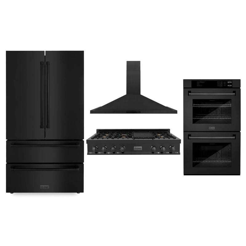 ZLINE 4-Piece Appliance Package - 48-Inch Rangetop with Brass Burners, Refrigerator, 30-Inch Electric Double Wall Oven, and Convertible Wall Mount Hood in Black Stainless Steel (4KPR-RTBRH48-AWD)