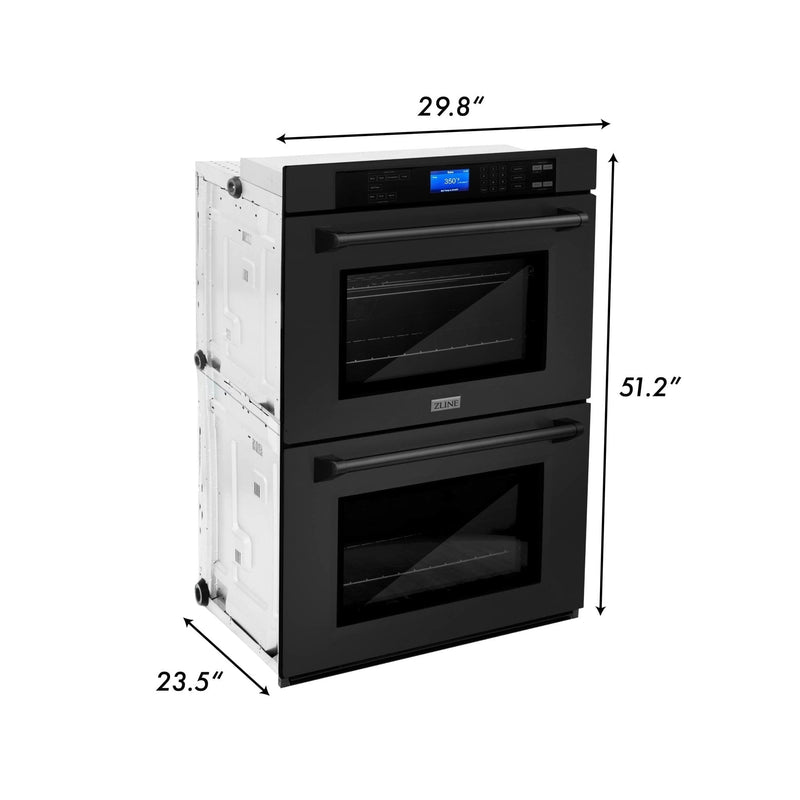 ZLINE 4-Piece Appliance Package - 48-Inch Rangetop with Brass Burners, Refrigerator, 30-Inch Electric Double Wall Oven, and Convertible Wall Mount Hood in Black Stainless Steel (4KPR-RTBRH48-AWD)