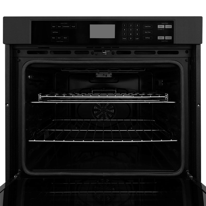 ZLINE 4-Piece Appliance Package - 48-Inch Rangetop with Brass Burners, Refrigerator, 30-Inch Electric Double Wall Oven, and Convertible Wall Mount Hood in Black Stainless Steel (4KPR-RTBRH48-AWD)