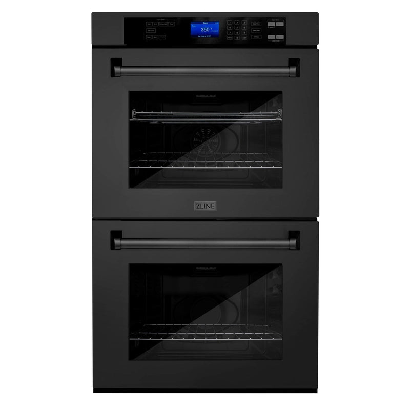 ZLINE 4-Piece Appliance Package - 48-Inch Rangetop with Brass Burners, Refrigerator, 30-Inch Electric Double Wall Oven, and Convertible Wall Mount Hood in Black Stainless Steel (4KPR-RTBRH48-AWD)