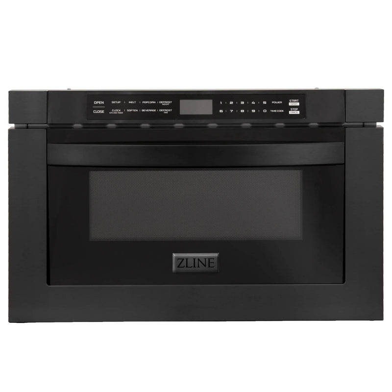 ZLINE 5-Piece Appliance Package - 30-Inch Dual Fuel Range with Brass Burners, Refrigerator, Convertible Wall Mount Hood, Microwave Drawer, and 3-Rack Dishwasher in Black Stainless Steel (5KPR-RABRH-MWDWV)