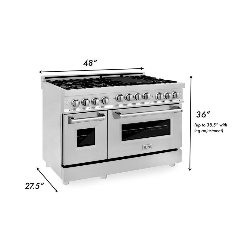 ZLINE 5-Piece Appliance Package - 48-Inch Gas Range, Refrigerator, Convertible Wall Mount Hood, Microwave Drawer, and 3-Rack Dishwasher in Stainless Steel (5KPR-RGRH48-MWDWV)