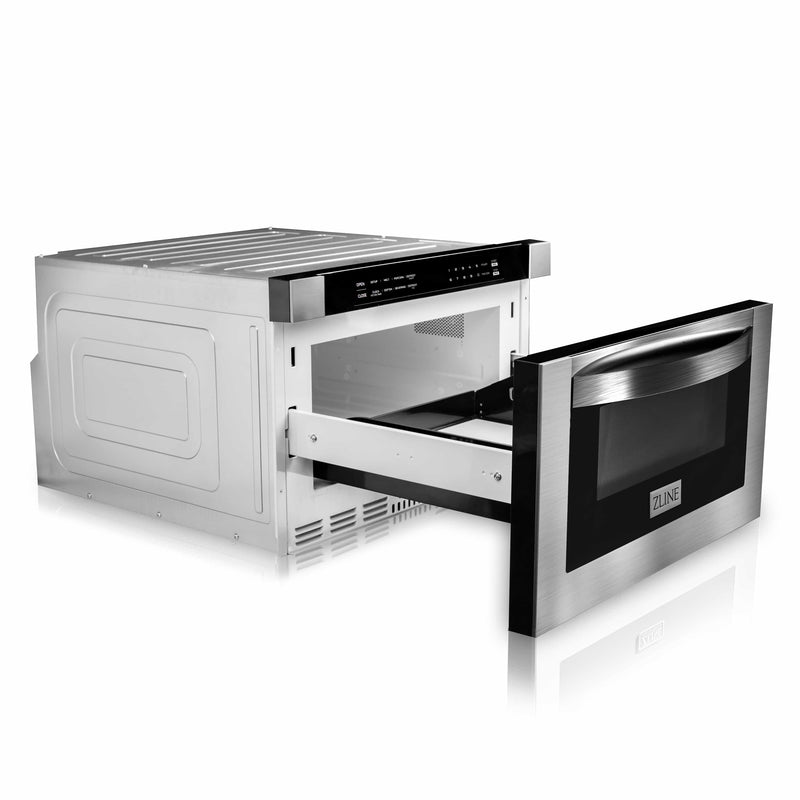 ZLINE 5-Piece Appliance Package - 48-Inch Gas Range, Refrigerator, Convertible Wall Mount Hood, Microwave Drawer, and 3-Rack Dishwasher in Stainless Steel (5KPR-RGRH48-MWDWV)