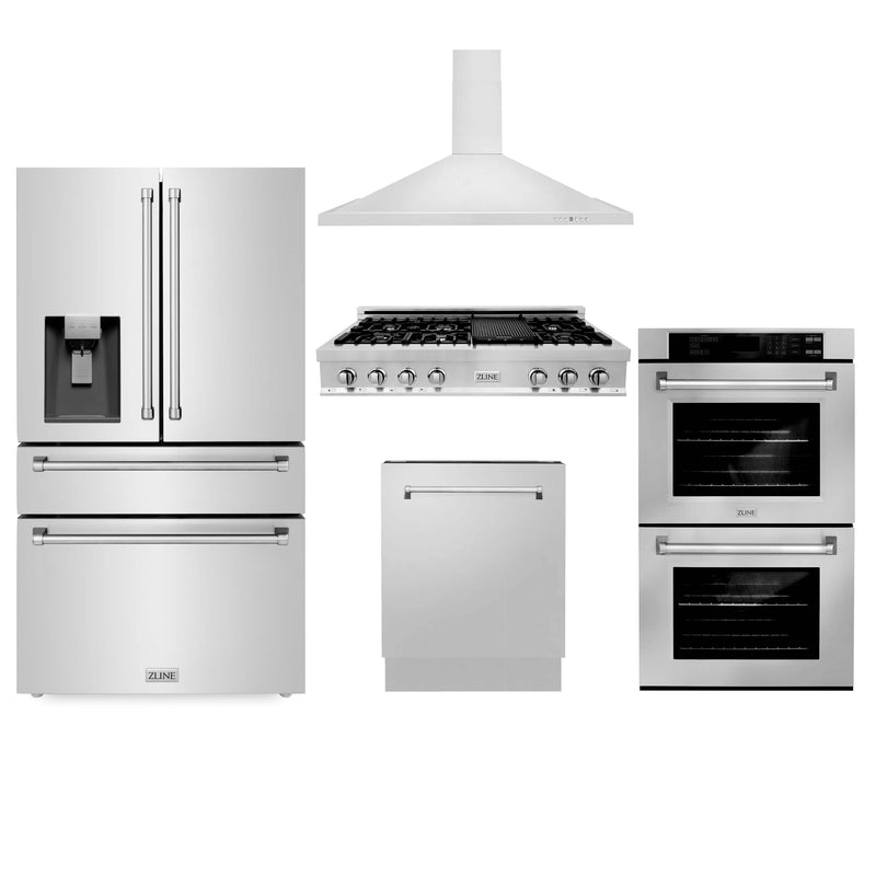 ZLINE 5-Piece Appliance Package - 48-Inch Rangetop, Refrigerator with Water Dispenser, 30-Inch Electric Double Wall Oven, 3-Rack Dishwasher, and Convertible Wall Mount Hood in Stainless Steel (5KPRW-RTRH48-AWDDWV)