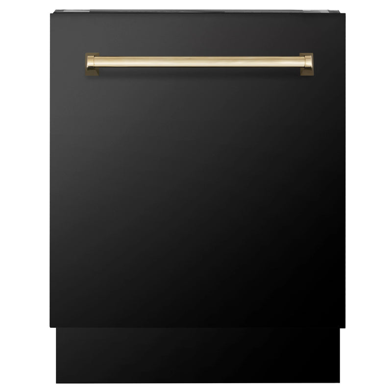 ZLINE Autograph Edition 4-Piece Appliance Package - 36-Inch Gas Range, Refrigerator, Wall Mounted Range Hood, & 24-Inch Tall Tub Dishwasher in Black Stainless Steel with Gold Trim (4AKPR-RGBRHDWV36-G)