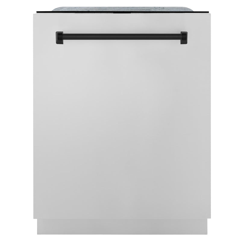 ZLINE Autograph Edition 4-Piece Appliance Package - 48-Inch Dual Fuel Range, Refrigerator with Water Dispenser, Wall Mounted Range Hood, & 24-Inch Tall Tub Dishwasher in Stainless Steel with Matte Black Trim (4AKPR-RARHDWM48-MB)