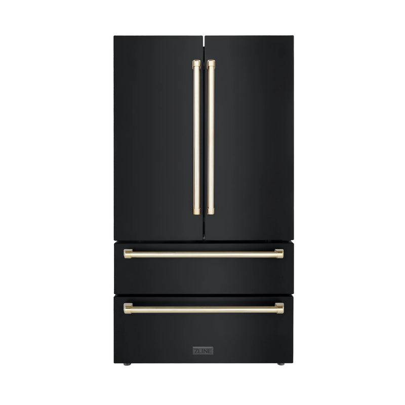 ZLINE Autograph Edition 4-Piece Appliance Package - 36-Inch Gas Range, Refrigerator, Wall Mounted Range Hood, & 24-Inch Tall Tub Dishwasher in Black Stainless Steel with Gold Trim (4AKPR-RGBRHDWV36-G)