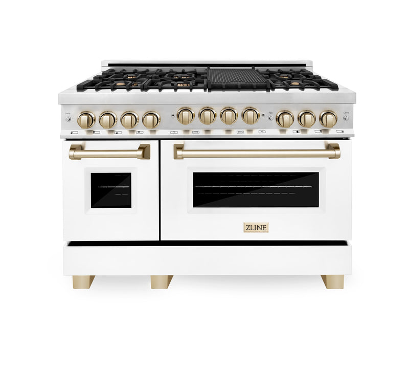 ZLINE Autograph Edition 4-Piece Appliance Package - 48-Inch Stainless Steel Gas Range, Refrigerator with Water Dispenser, Wall Mounted Range Hood, & 24-Inch Tall Tub Dishwasher in White Matte and Gold Accents (4AKPR-RGWMRHDWM48-G)