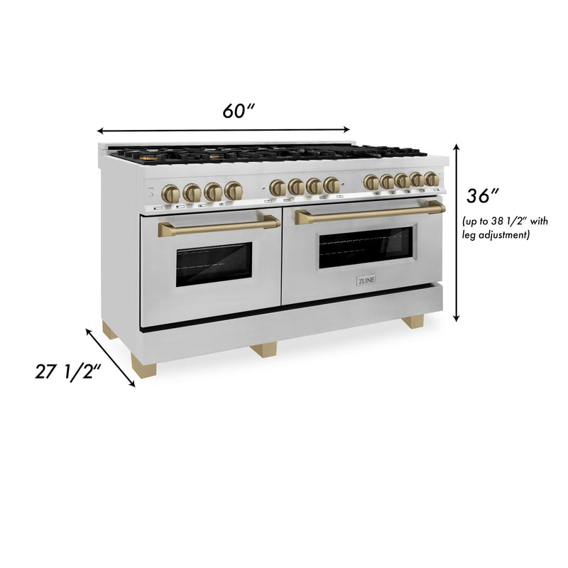 ZLINE Autograph Edition 60-Inch Dual Fuel Range with Gas Stove and Electric Oven in Stainless Steel with Champagne Bronze Accents (RAZ-60-CB)